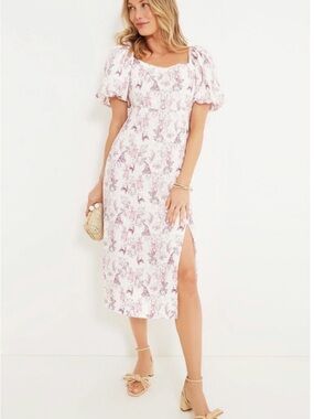 Square-Neck Puff-Sleeve Floral Midi Dress in Light Pink